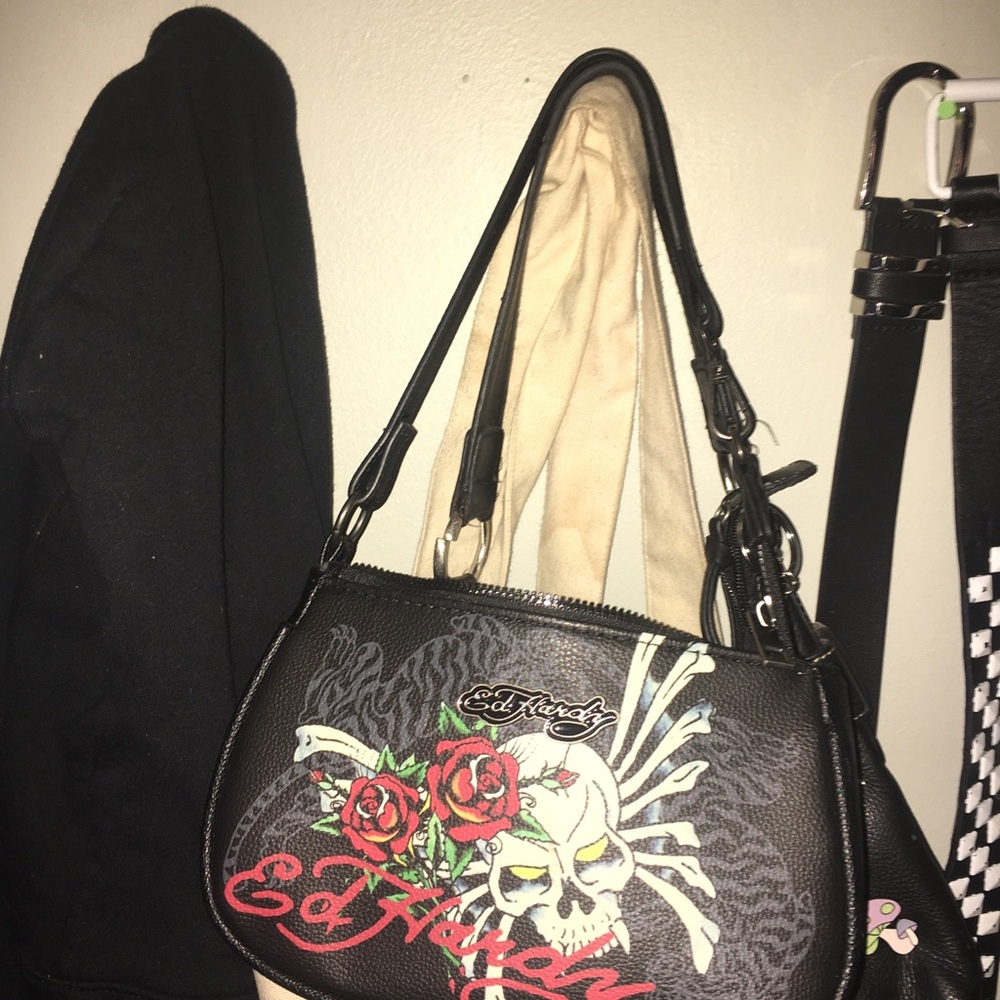 Ed Hardy Black Floral Skull Shoulder Bag